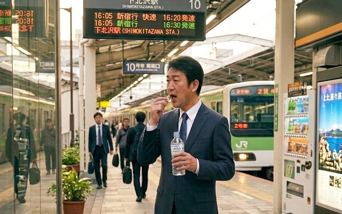 ホームで粒を飲むお父さん